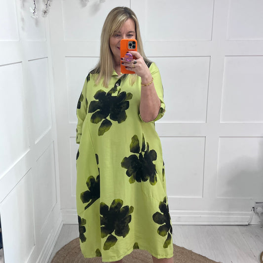 Diana: Lime floral print midi dress with pockets. One size 16-22