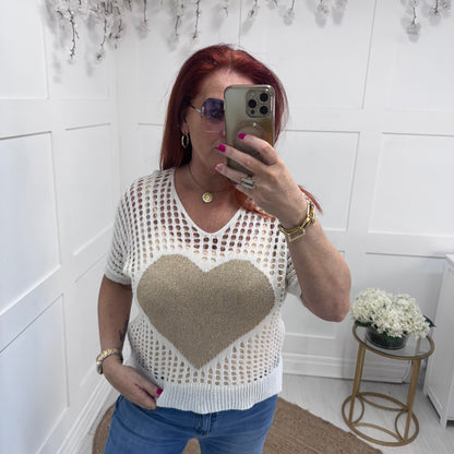 Ruby: White crochet gold heart top. One size: 10-18