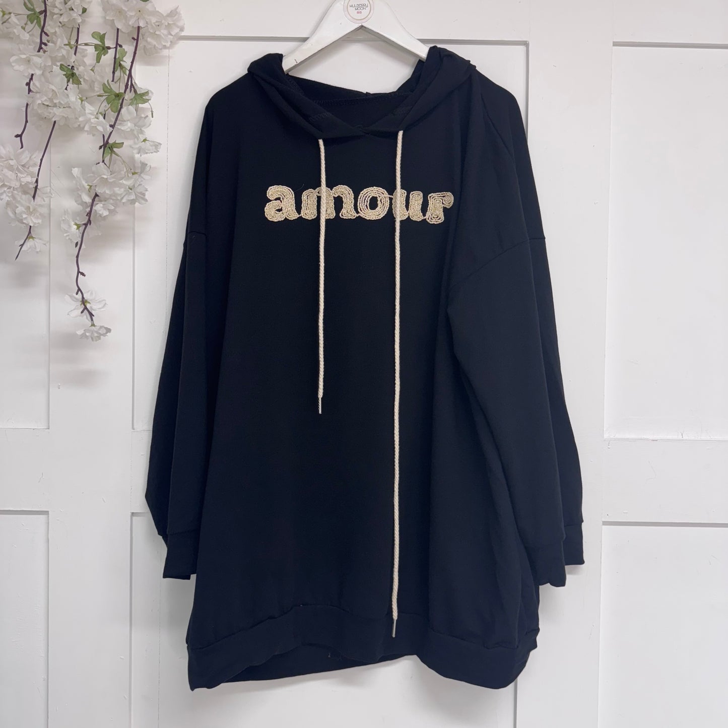 Aubrey: Oversized embroidered Amour hoodie. One Sz: 14-20