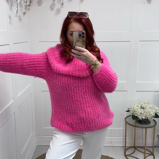 Athena: Hot pink off shoulder cowl neck knit. One size: 12-18