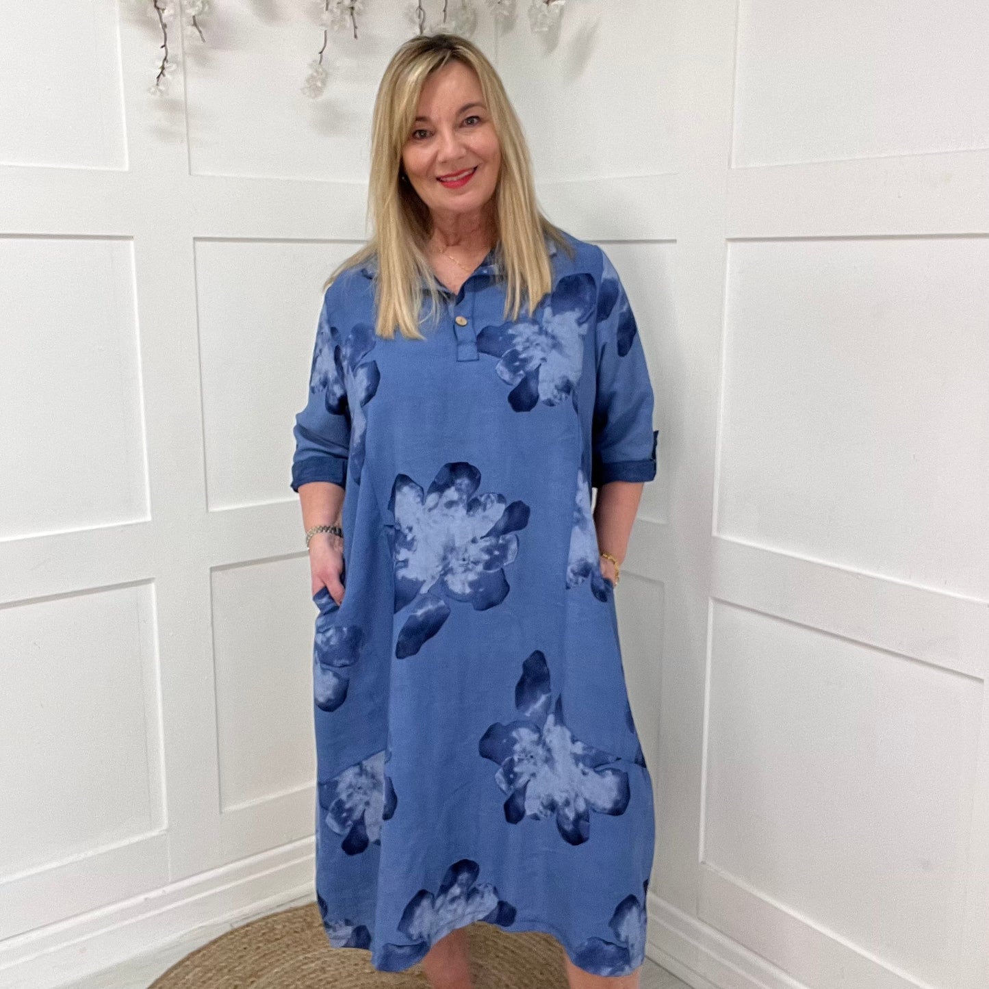 Diana: Blue floral print midi dress with pockets. One size 16-22