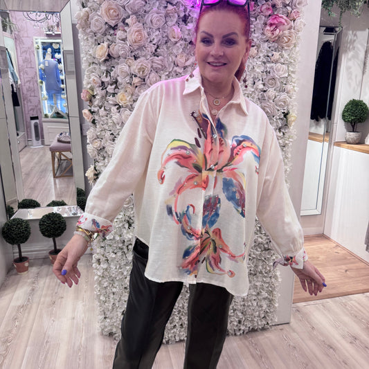 Flora: Cream oversized flower & diamanté shirt. One size: 14-20