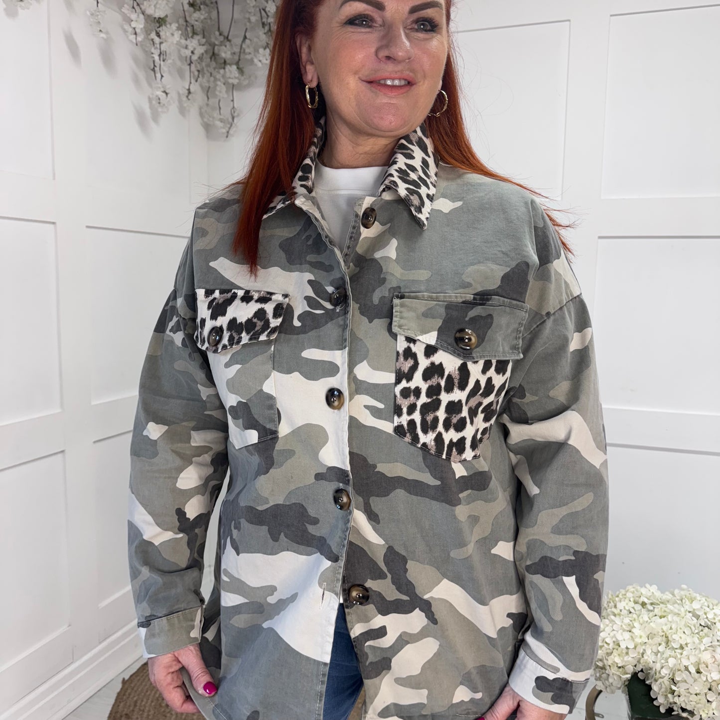 Natasha: Camo & leopard print jacket top. One size: 10-18