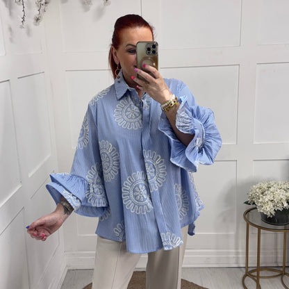 Hollie: Blue stripe embroidered ruffle sleeve shirt. One size: 14-22