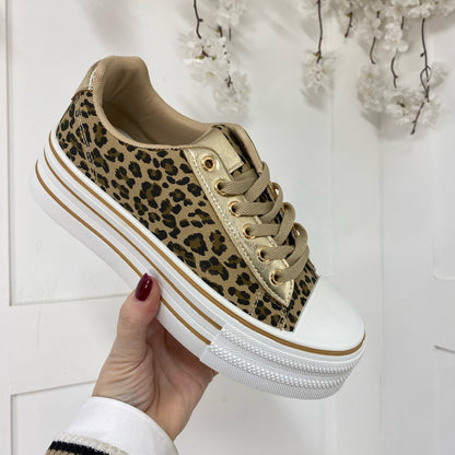 Kimi: Leopard print & gold trainers. Sizes: 3-8