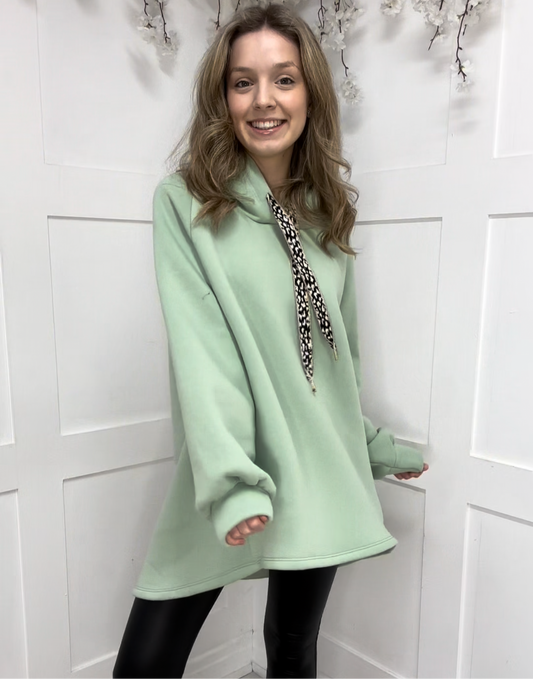 Maisie: Mint fleece lined long hoodie. One size: 12-18