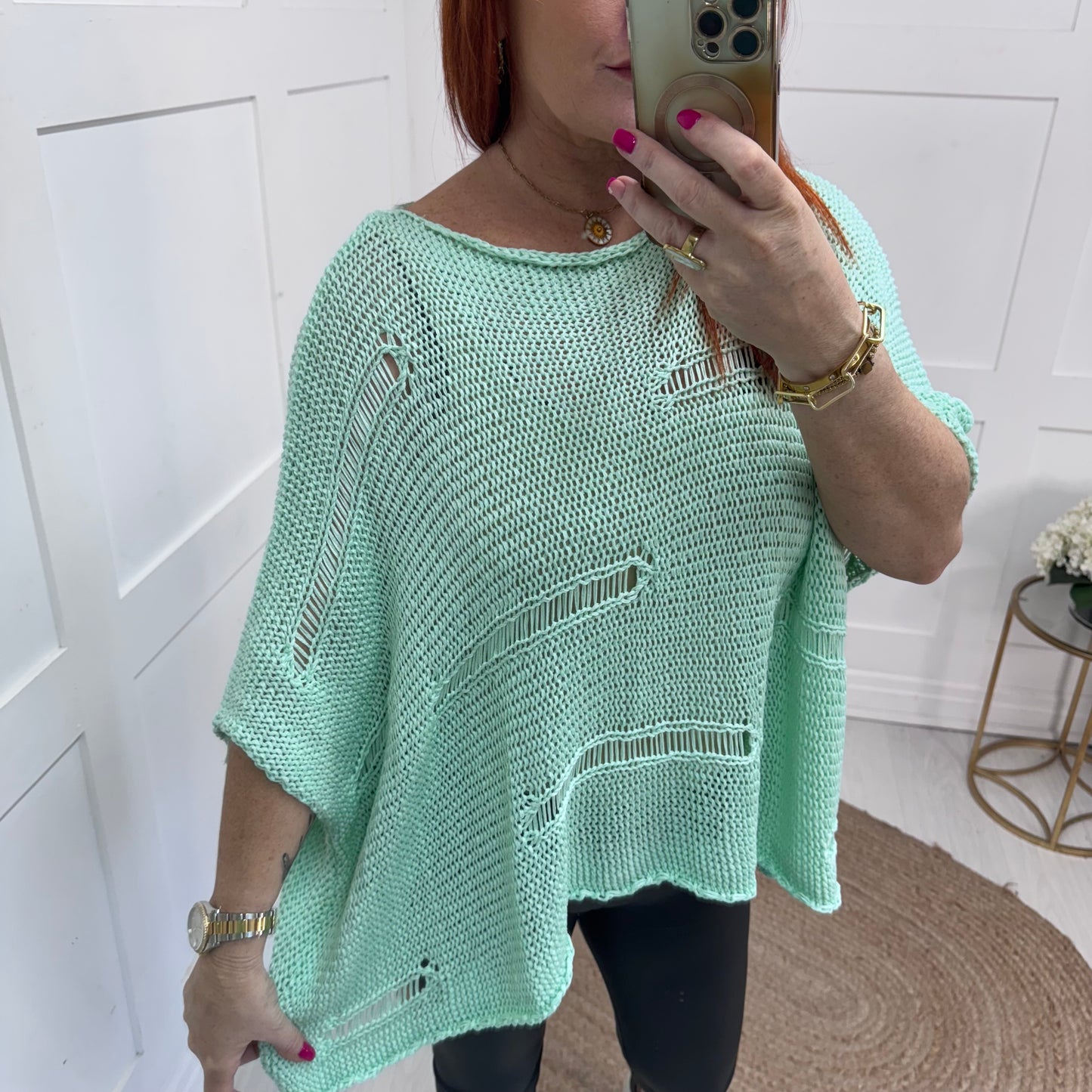 Minni: Mint cotton open crochet knitted top. Free size