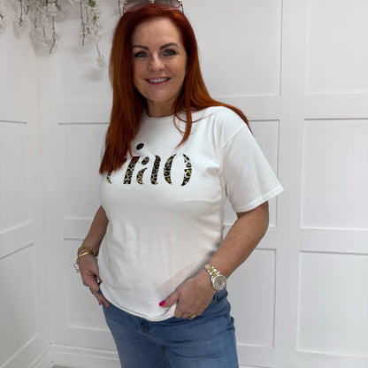 Cici: White leopard print Ciao logo T shirt. One size: 10-16