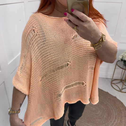 Minni: Peach cotton open crochet knitted top. Free size