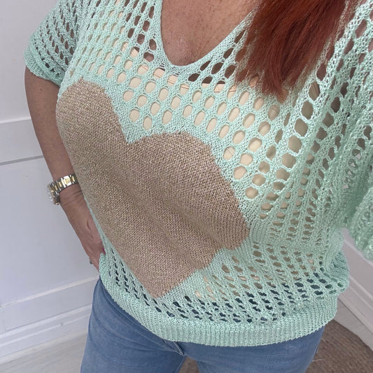 Ruby: Mint crochet gold heart top. One size: 10-18