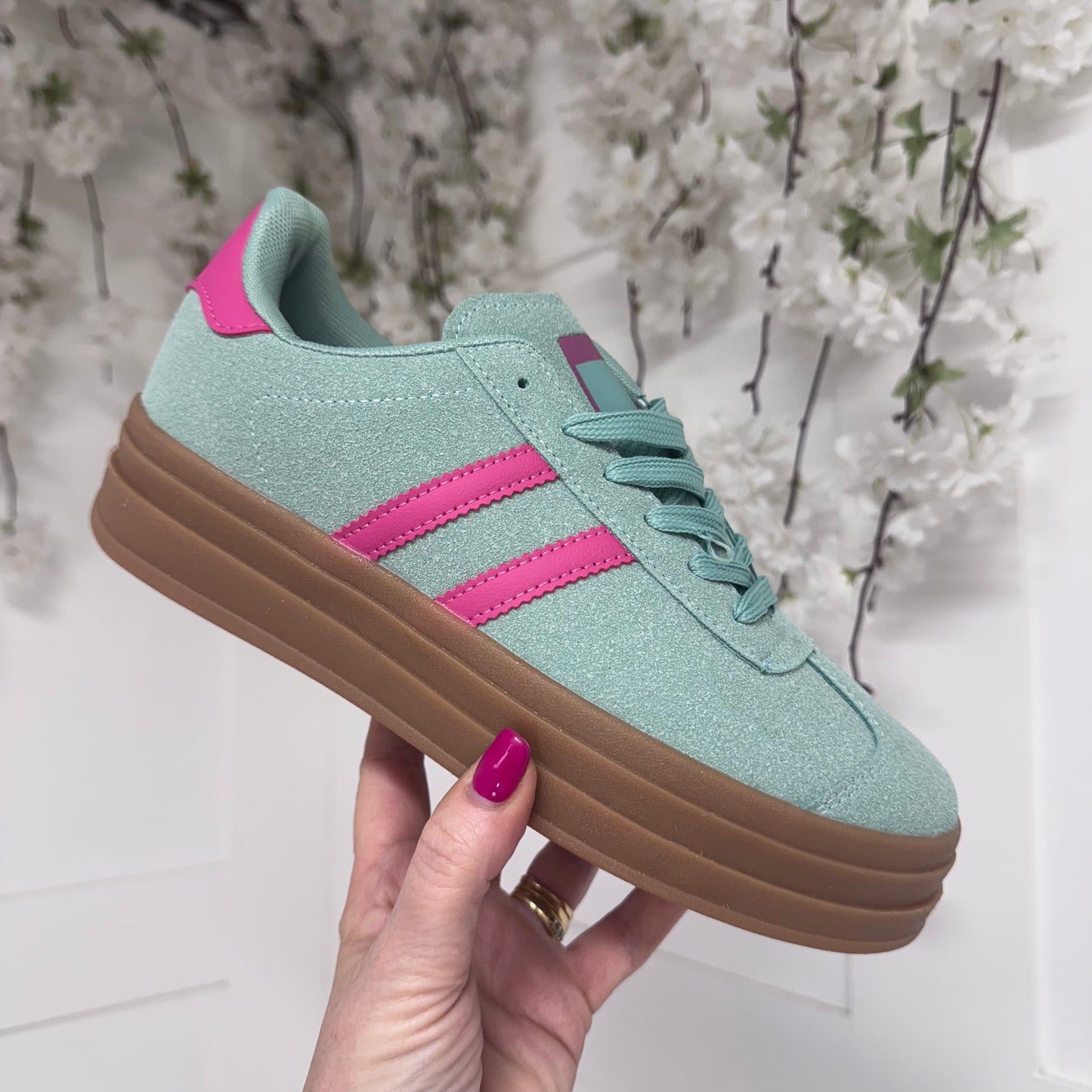 Billie: Green & pink stripe trainers. Sizes 3-8