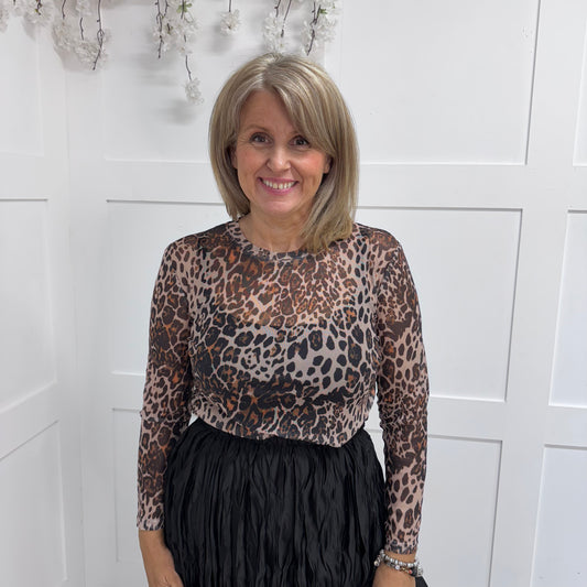 Pamela: Brown leopard print sheer mesh top. 12-18