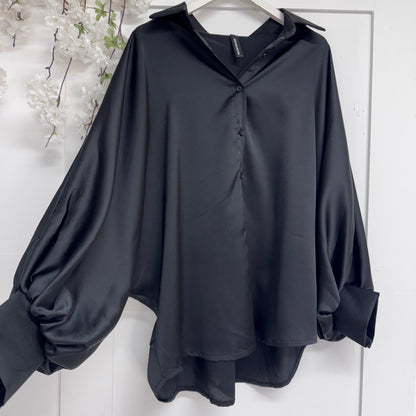 Janie: Satin oversized balloon sleeve shirt. One size: 12-22