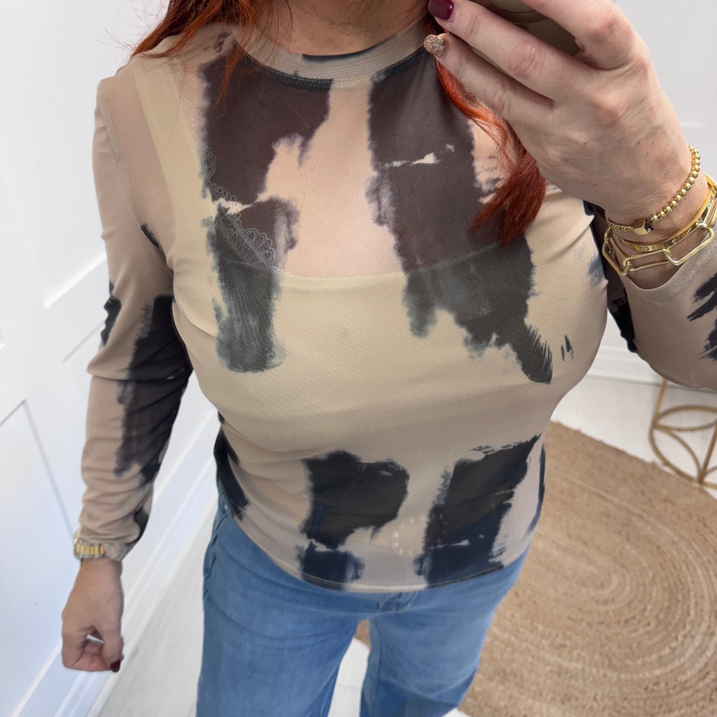 Deena: Beige abstract print sheer mesh top. 12-18