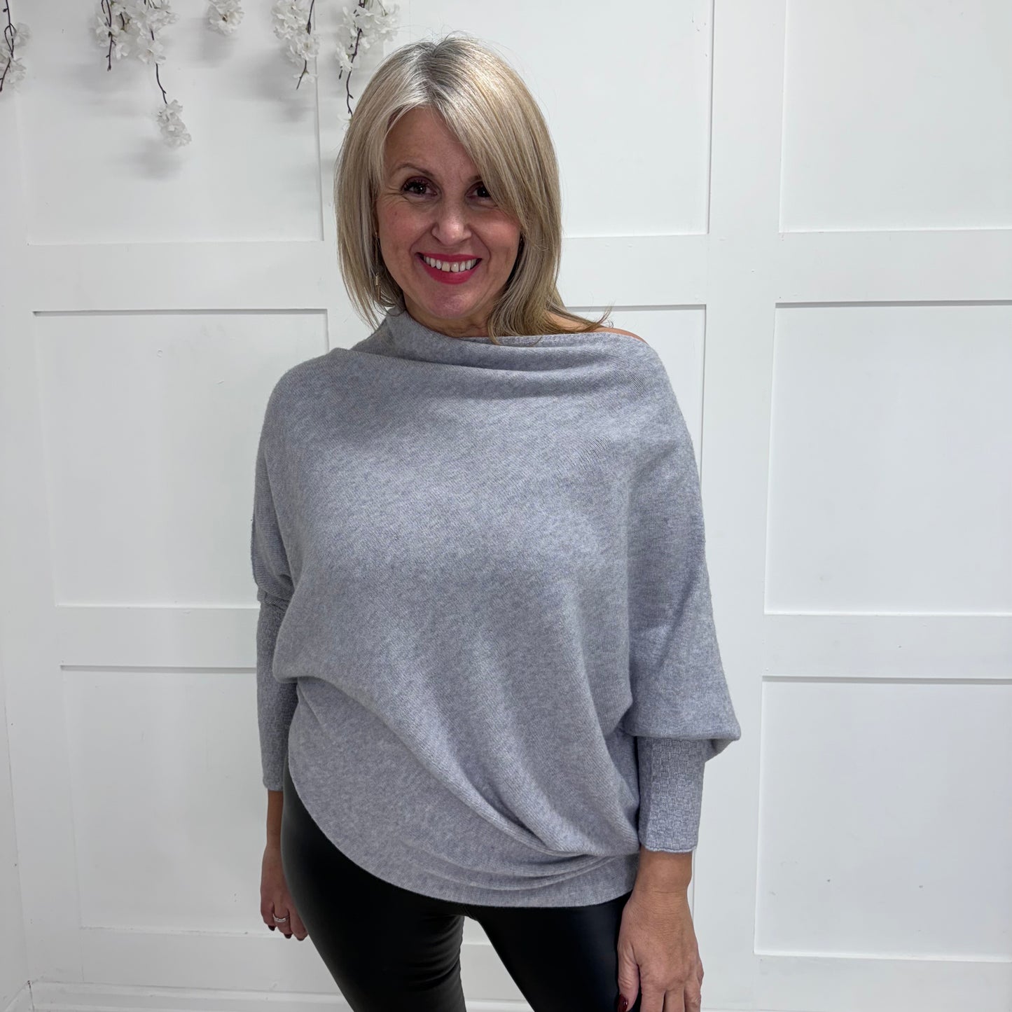 Erika: Asymmetrical slouch soft knit top. One size 10-18