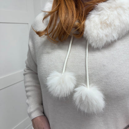 Foxy: Faux fur and pompom longline knitted hoody. One size 12-22