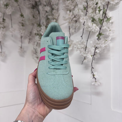 Billie: Green & pink stripe trainers. Sizes 3-8