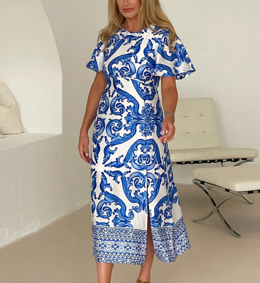 Britney: Blue & white midi dress. Sizes 8-18