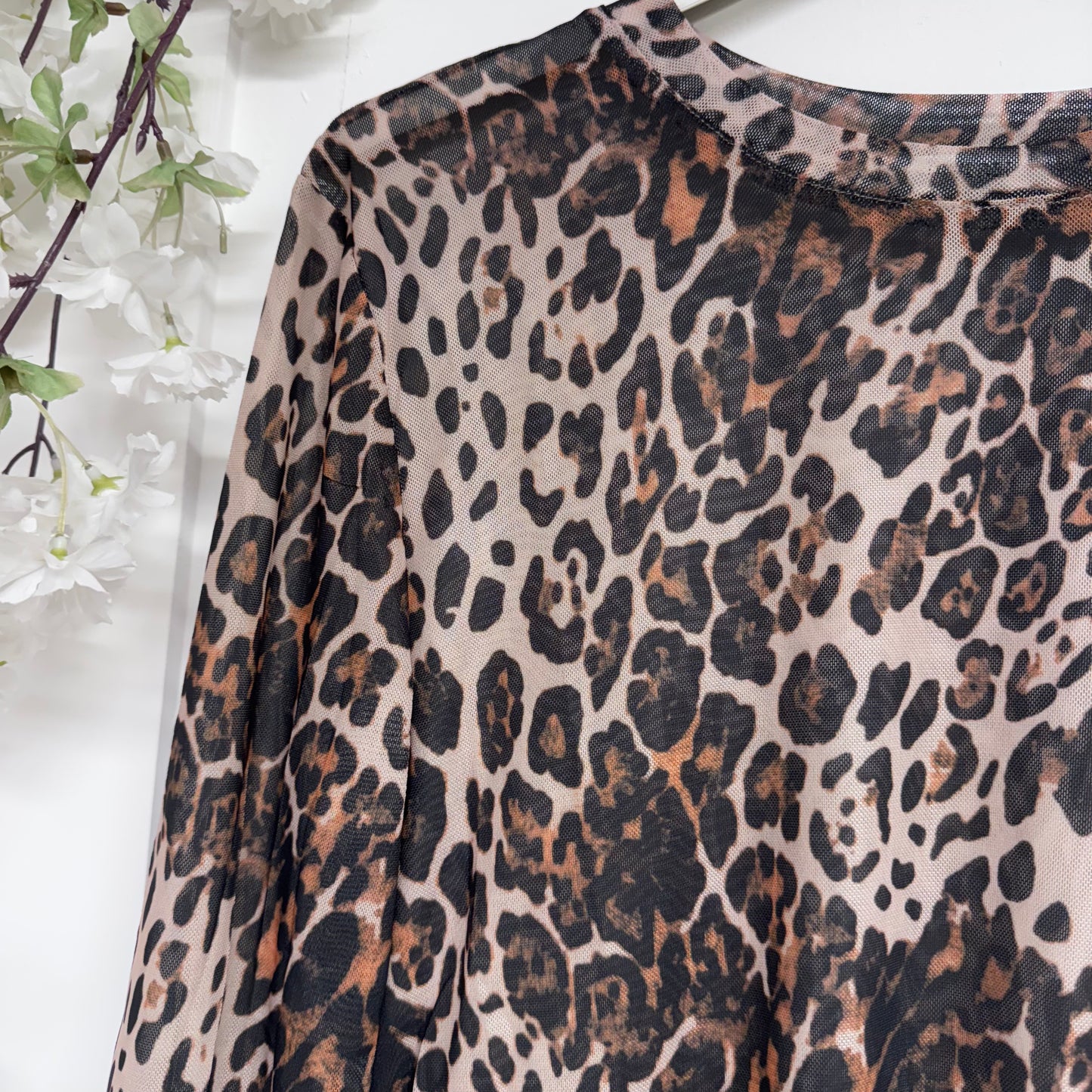 Pamela: Brown leopard print sheer mesh top. 12-18