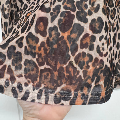 Pamela: Brown leopard print sheer mesh top. 12-18