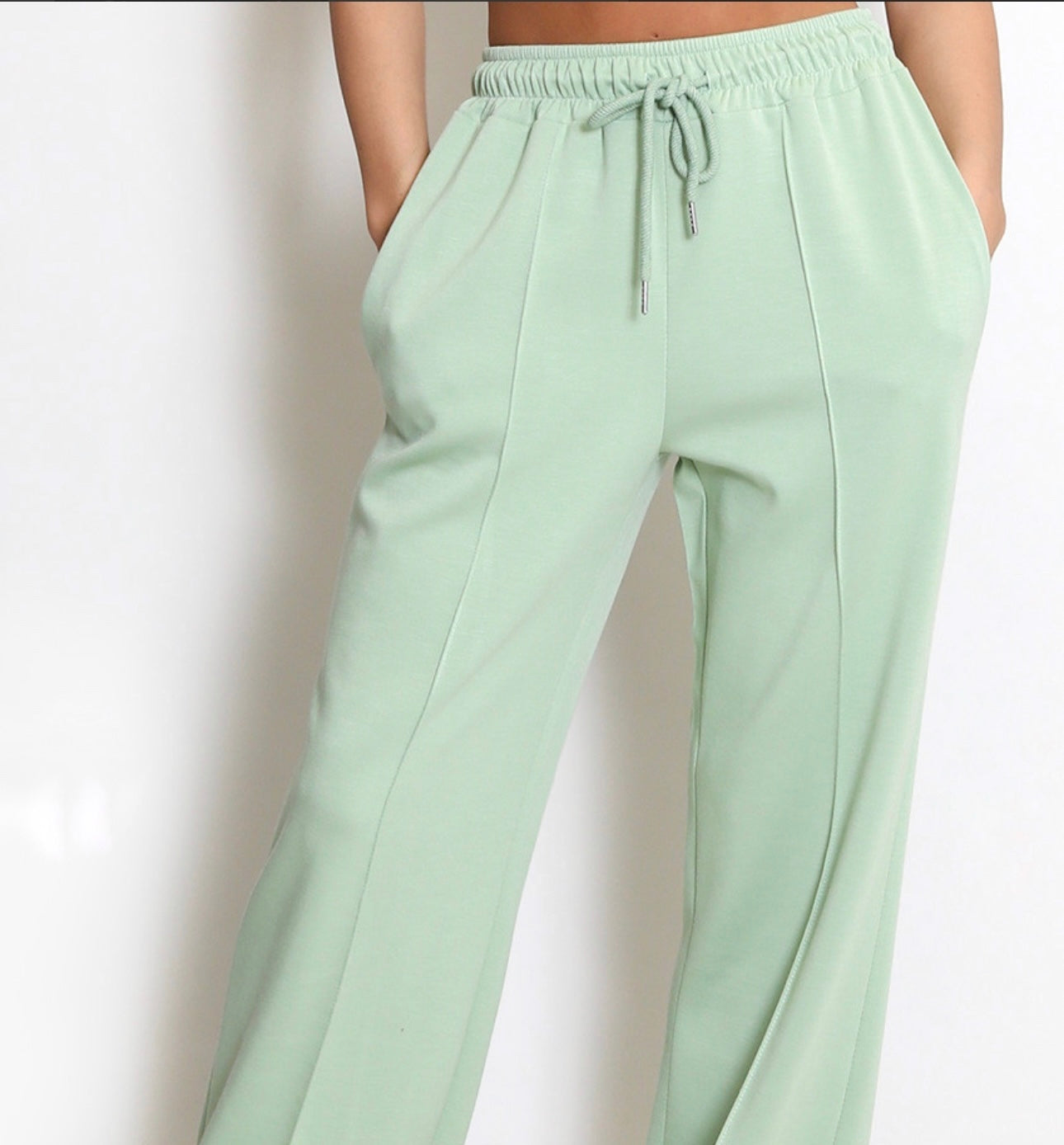 Trudy: Mint stretchy wide leg pocket trousers. 2 sizes