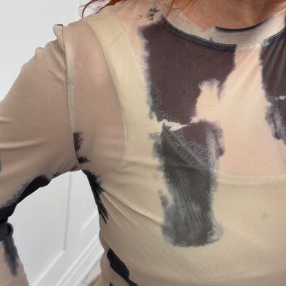 Deena: Beige abstract print sheer mesh top. 12-18