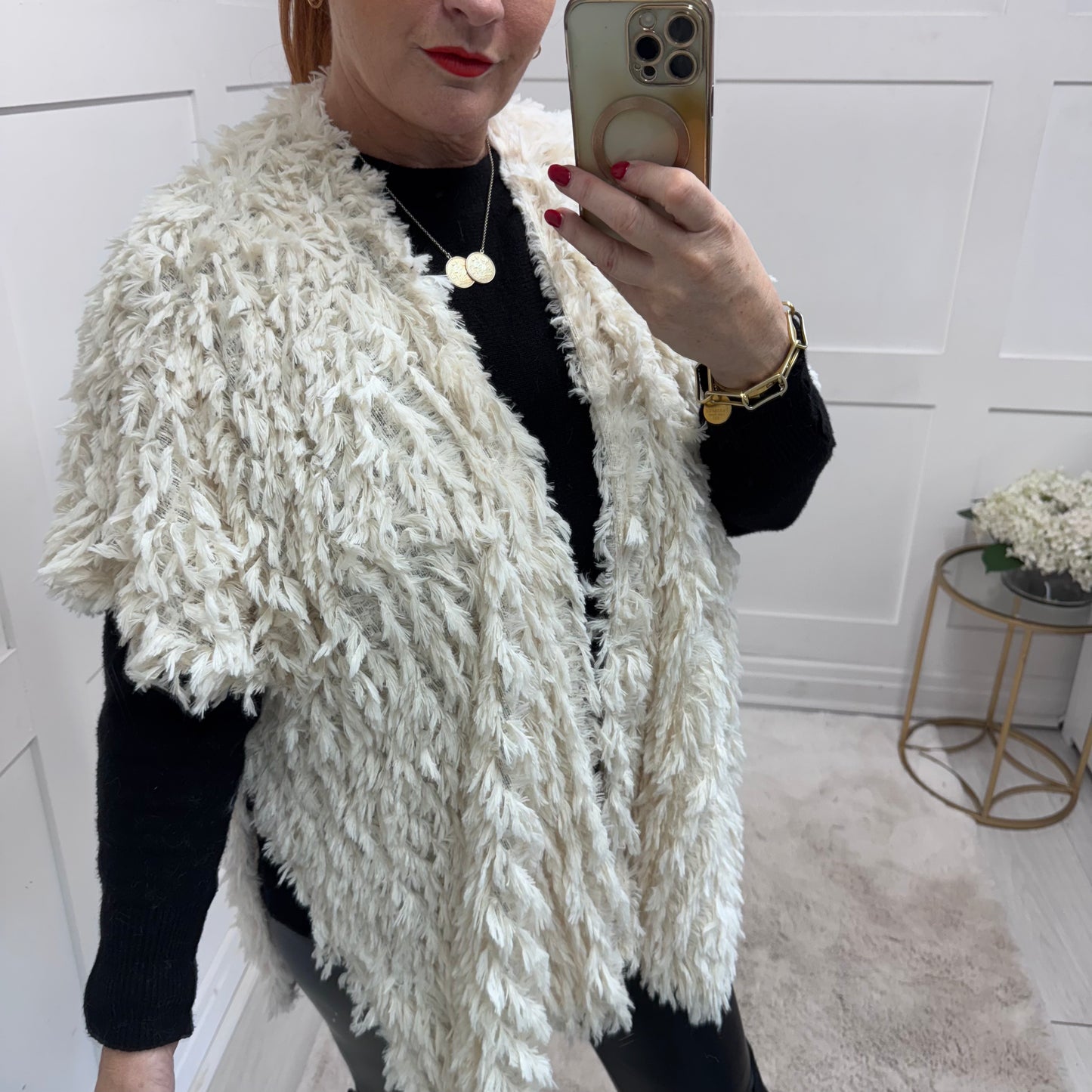 Gigi: Ostrich faux fur long gilet.  Free size