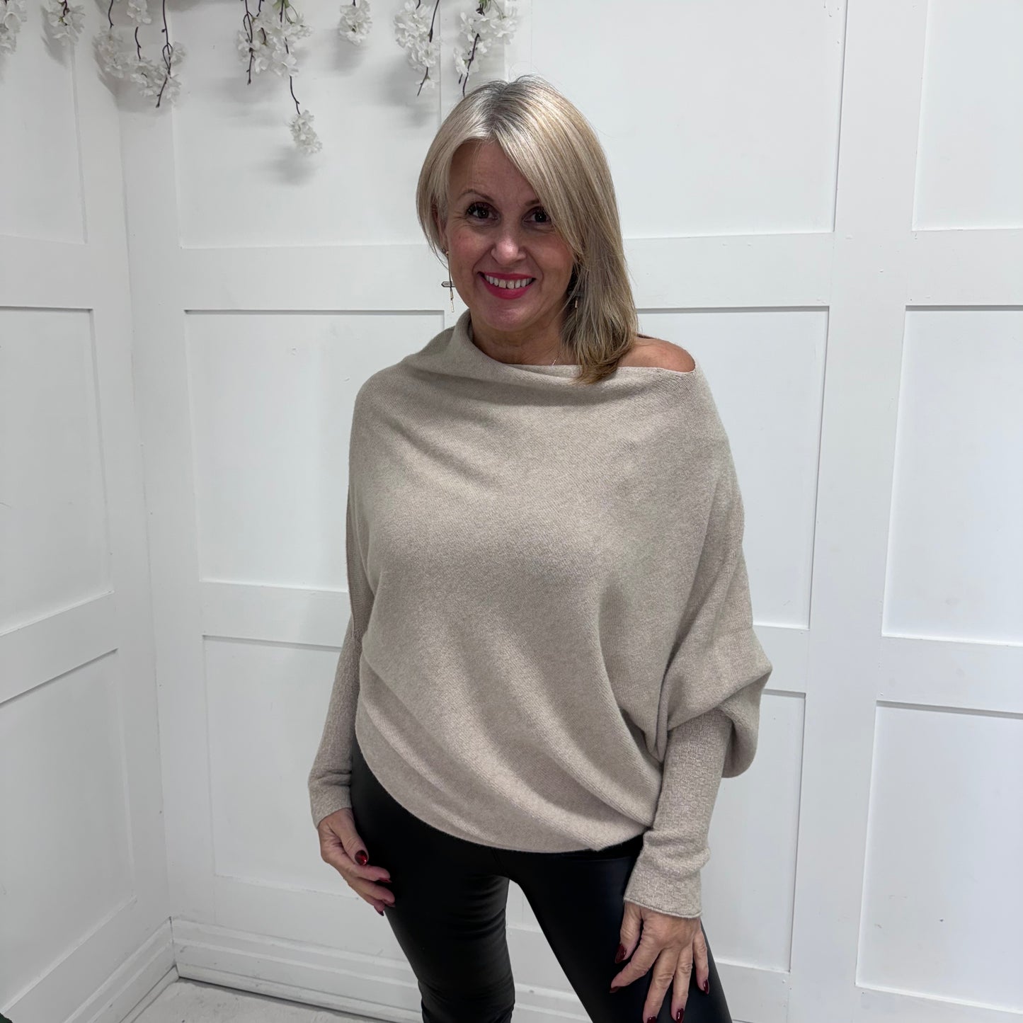 Erika: Asymmetrical slouch soft knit top. One size 10-18