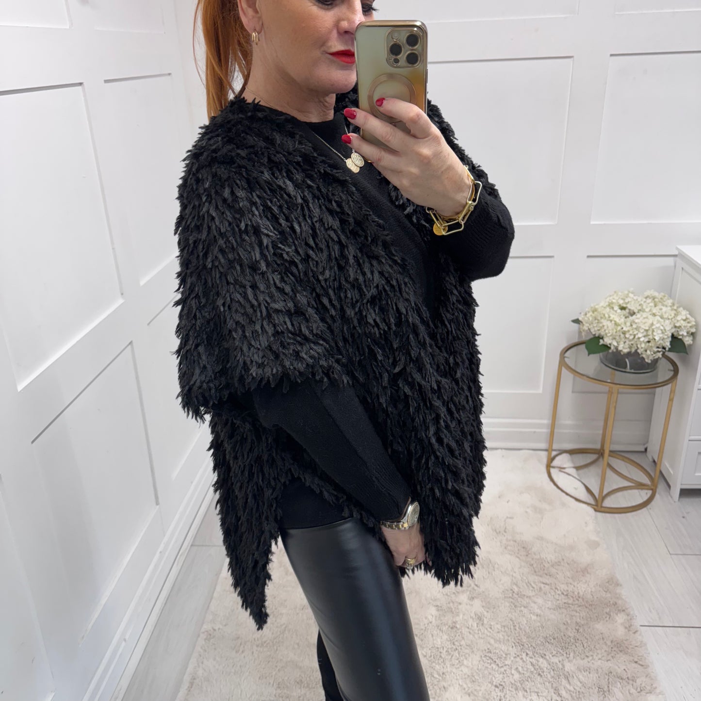 Gigi: Ostrich faux fur long gilet.  Free size