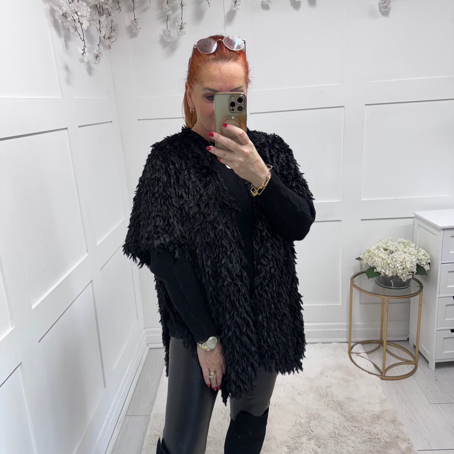 Gigi: Ostrich faux fur long gilet.  Free size