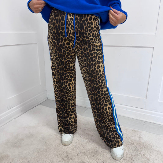 Avery: Leopard print & blue stripe trousers. 2 sizes