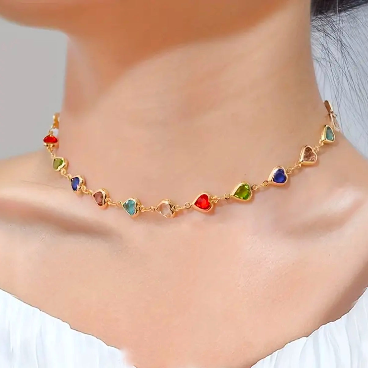 Beth: Multicoloured gold heart choker necklace