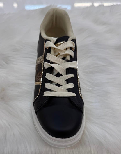 Bailey: Black & brown printed trainers. Sizes: 3-8