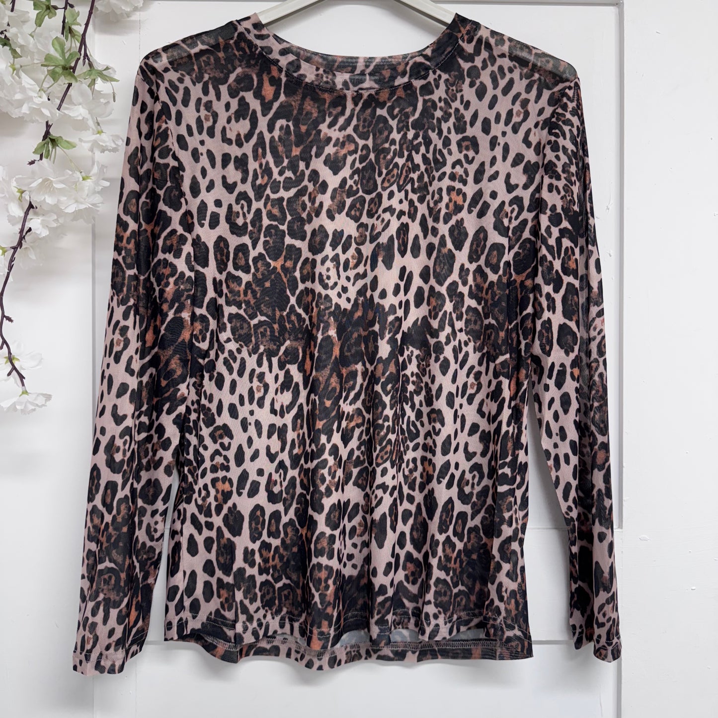 Pamela: Brown leopard print sheer mesh top. 12-18