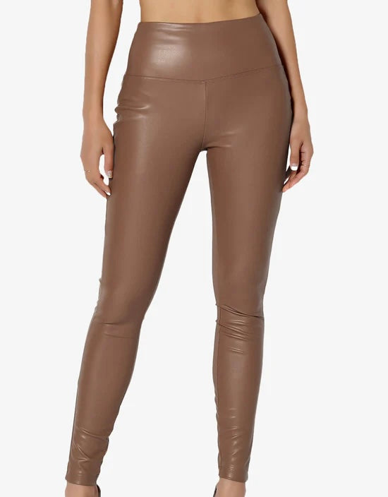 Melanie: Tan faux leather leggings. Sizes: 10-22