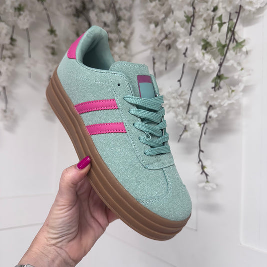 Billie: Green & pink stripe trainers. Sizes 3-8