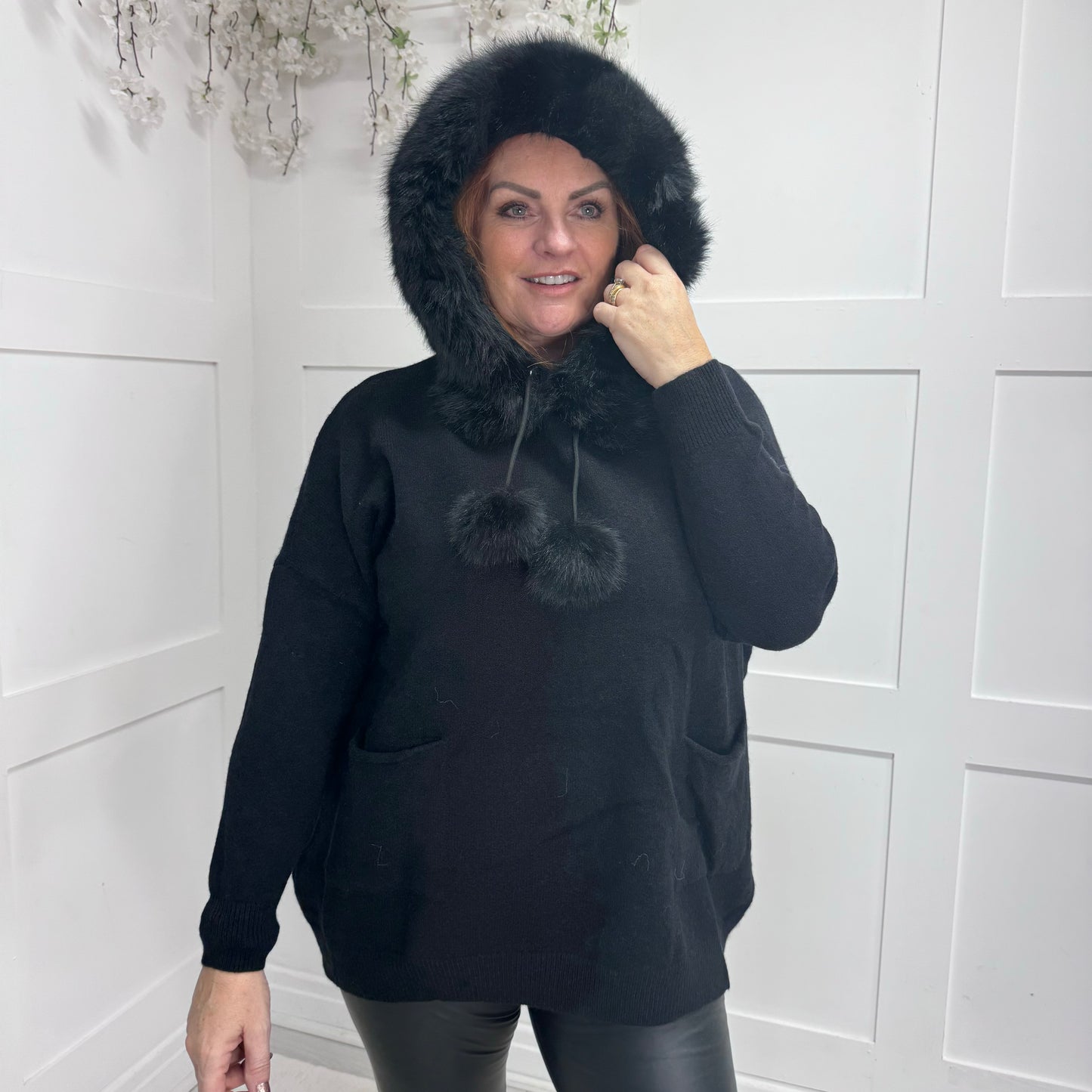 Foxy: Faux fur and pompom longline knitted hoody. One size 12-22