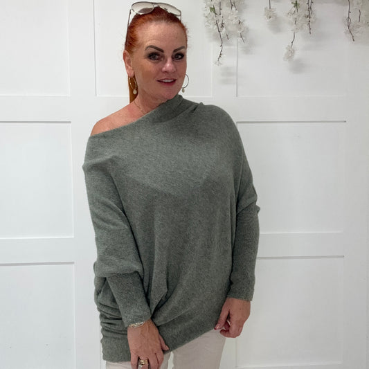 Erika: Asymmetrical slouch soft knit top. One size 10-18