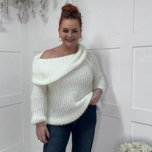 Athena: Winter white off shoulder cowl neck knit. One size: 12-18