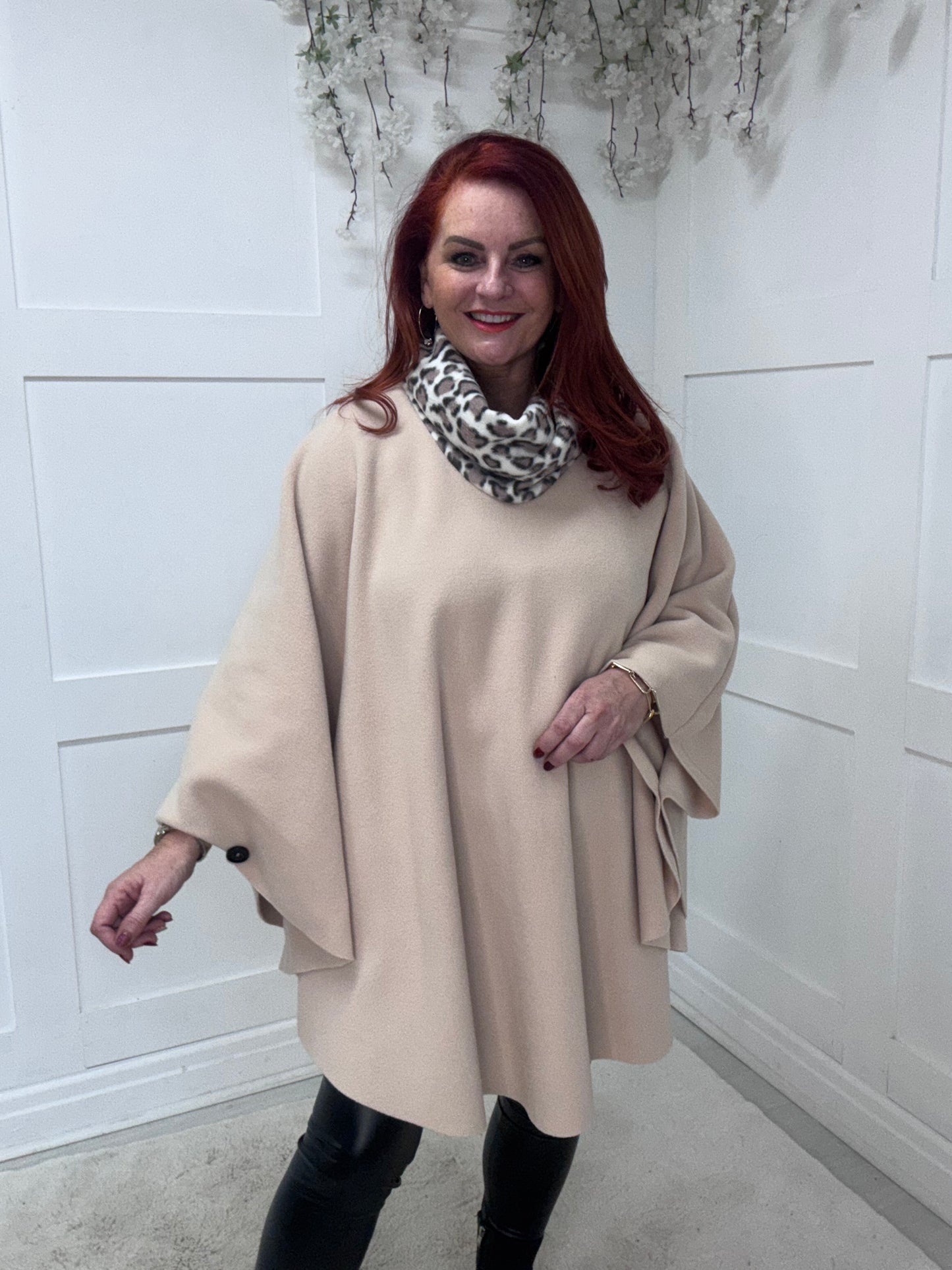 Audrey: Cream & leopard cowl neck poncho. Free size