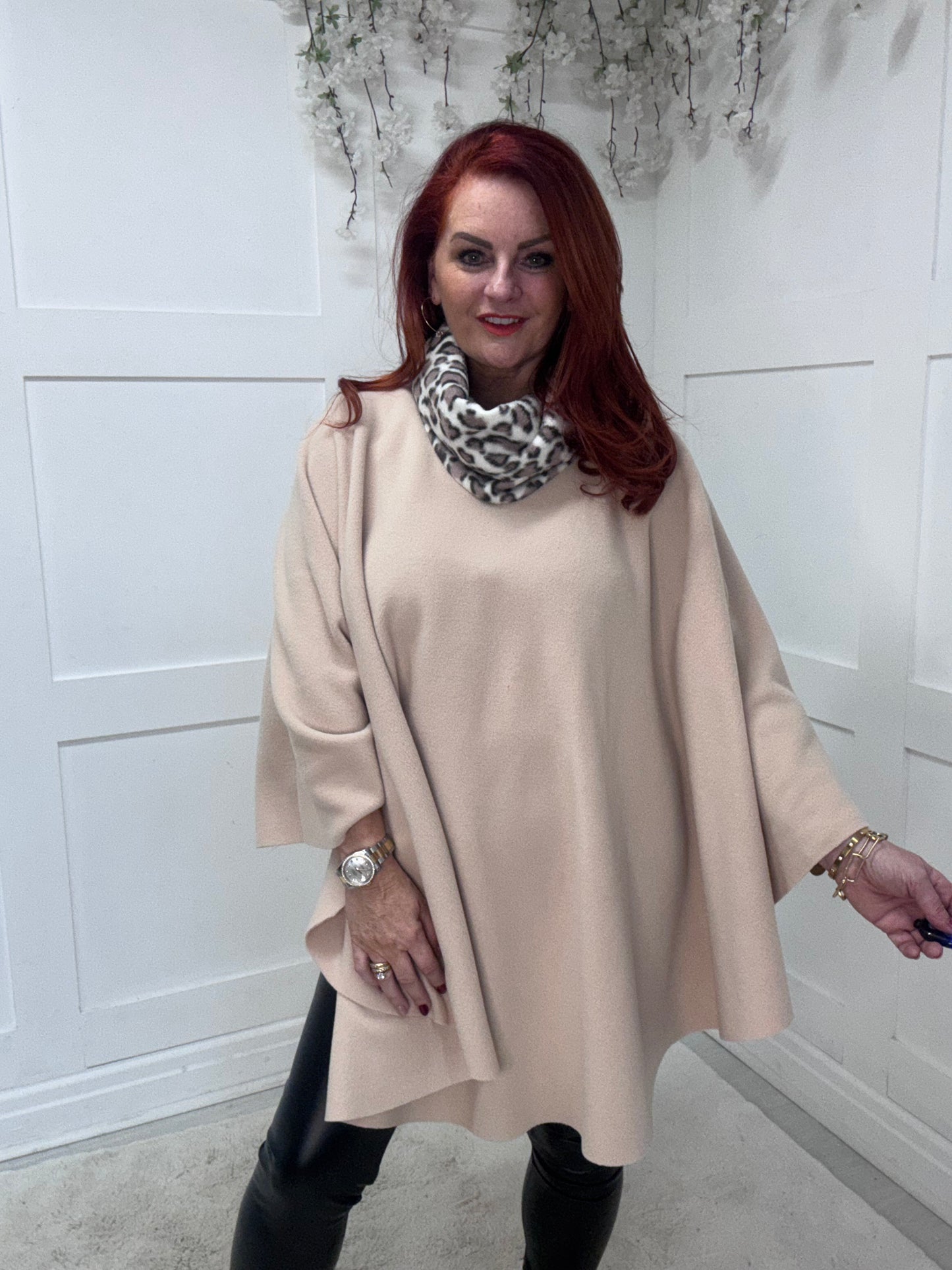 Audrey: Cream & leopard cowl neck poncho. Free size