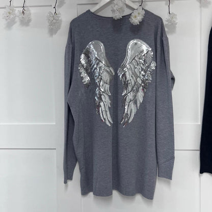 Wren: Soft knit silver sequin angel wing top. One size: 12-20