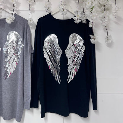 Wren: Soft knit silver sequin angel wing top. One size: 12-20