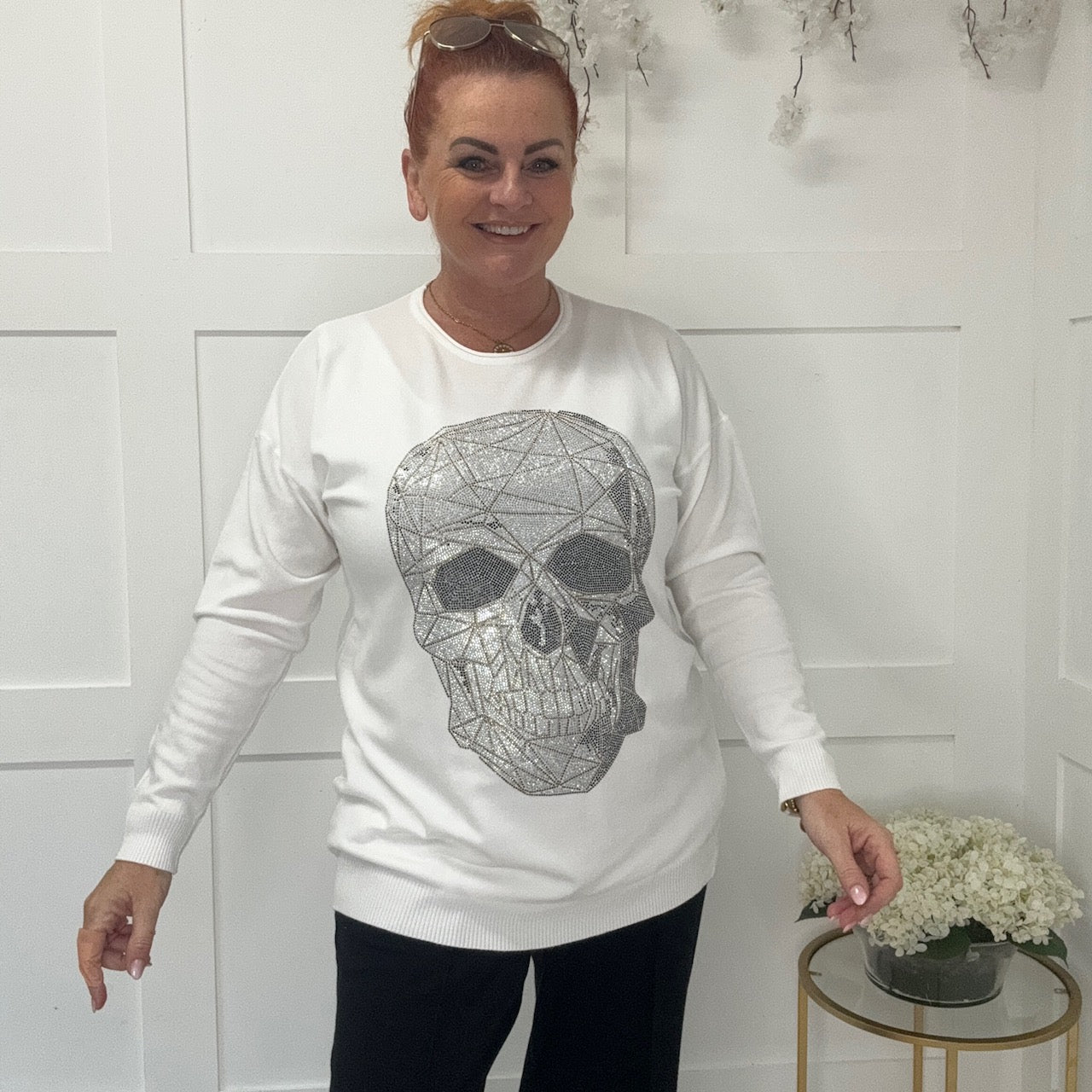 Sonia: Huge diamanté skull head top. One size 12-18.