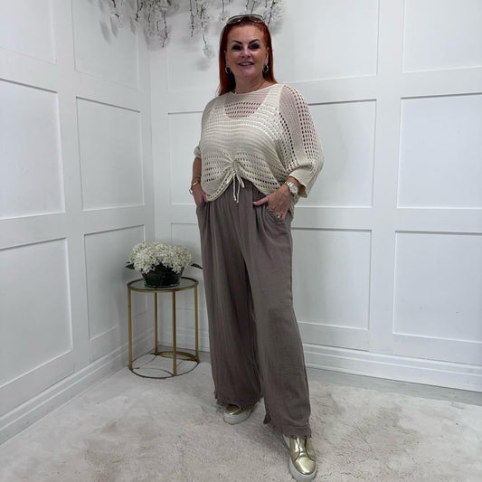 Paige: Cheesecloth frayed wide leg trousers. One Size 12-22