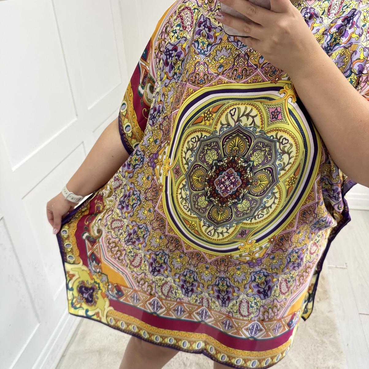 Clara: Silk bright printed kaftan top. One size 12-24