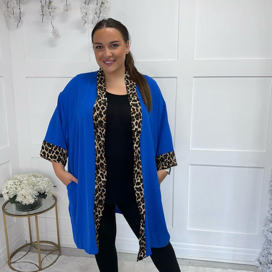 Christina: Plain & leopard print lightweight kimono jacket. One Size 16-26
